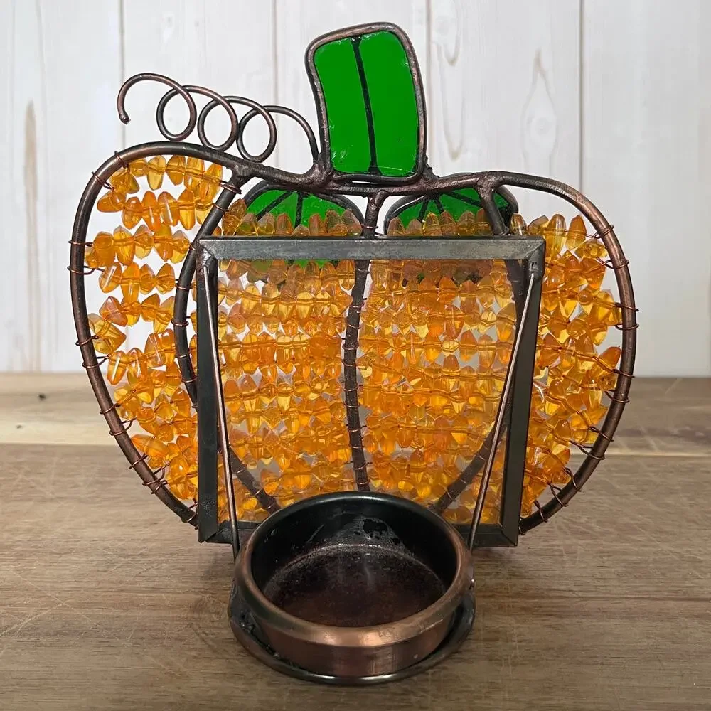 Stained Glass & Copper Beaded Wire Pumpkin Votive Holder Autumn Halloween Decor